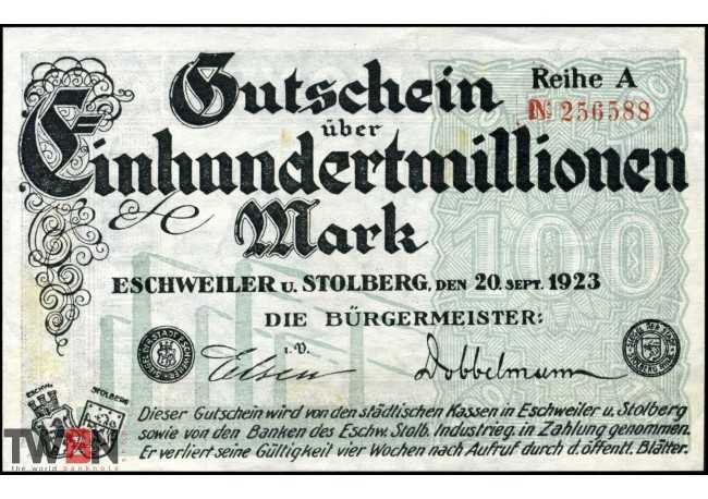 Eschweiler et Stolberg 100.000.000 Mark 1923